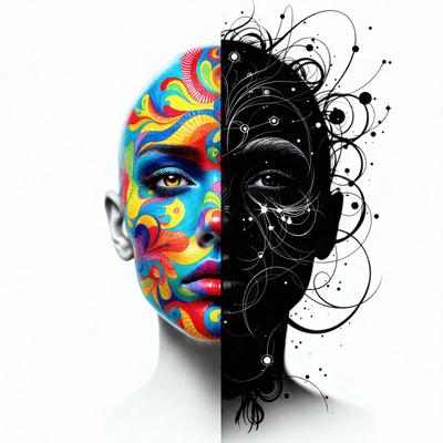 The primary subject of the image is a person with a colorful face painting design, which is contrasted with a black and white face. The setting is a white background, and the visual style is a black and white illustration. The dominant colors are black and white, with the colorful face painting adding a vibrant and lively atmosphere to the image.